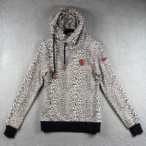Wanakome Carol Cowl Neck Hoodie Women L Snow Leopard Print Rope Pullover Sweater